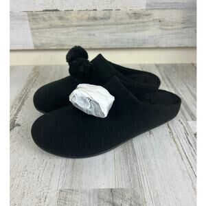 FitFlop Women’s 7 Black Leather Chrissie Pom Slip-On Slipper Mules New